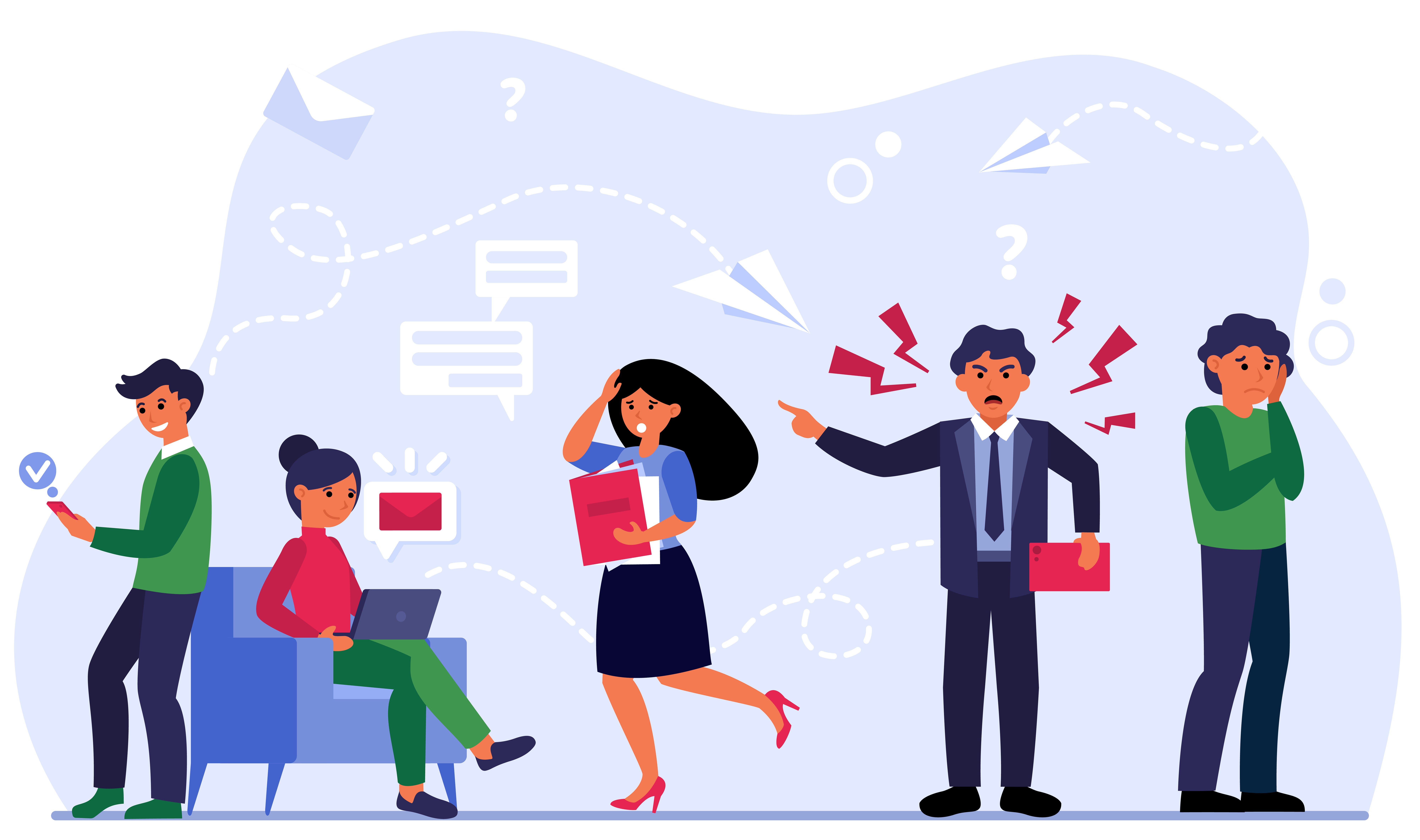 Ilustración conceptual del caos de solicitudes siendo organizado.