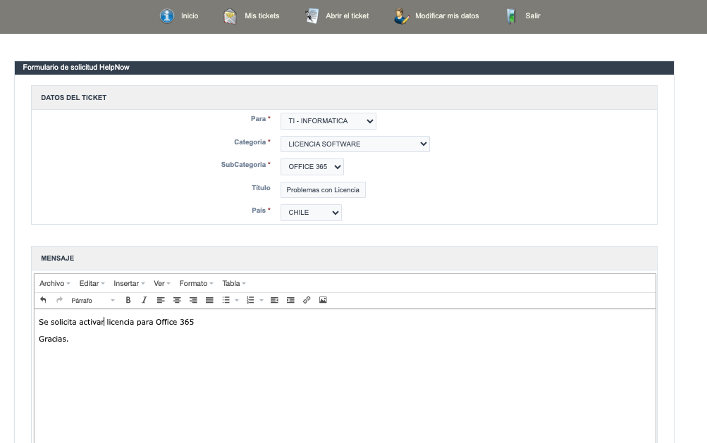 Formulario para crear un nuevo ticket o requerimiento